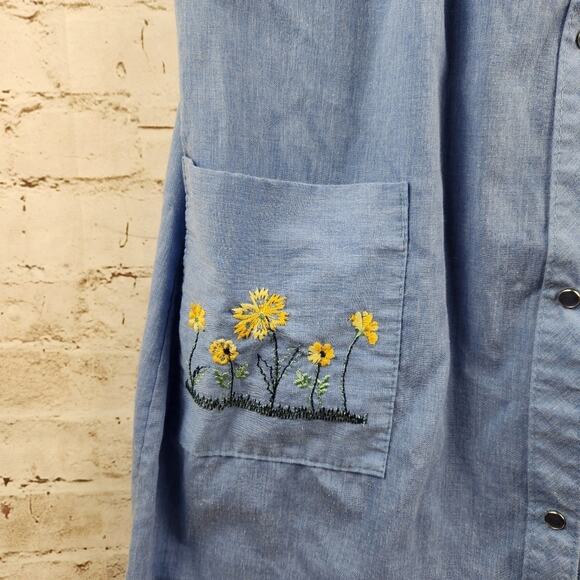 Vintage Vanity Fair House Dress Robe Blue Snap Button Medium Embroidered Pockets - Picture 4 of 10